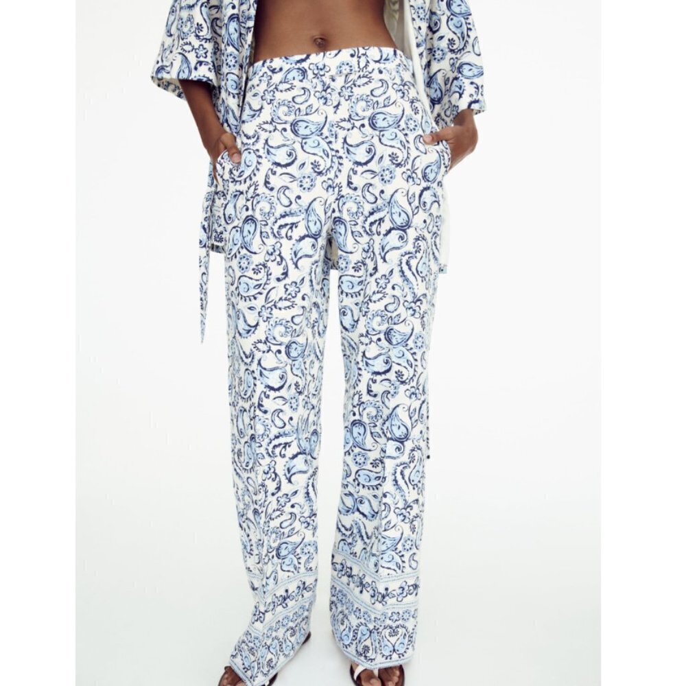 Zara Blue Paisley Linen Blend Pant